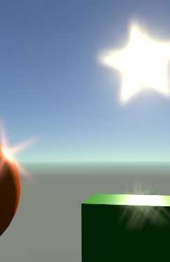 Rendering of a 3D scene with a cube and sphere lit by a visible sun. The sun and the brightest areas on the objects exhibit scattered and faint star shaped lens flares.