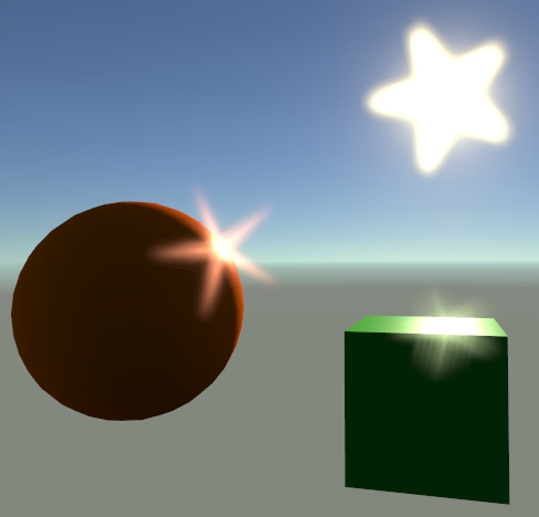 Rendering of a 3D scene with a cube and sphere lit by a visible sun. The sun and the brightest areas on the objects exhibit star shaped lens flares.