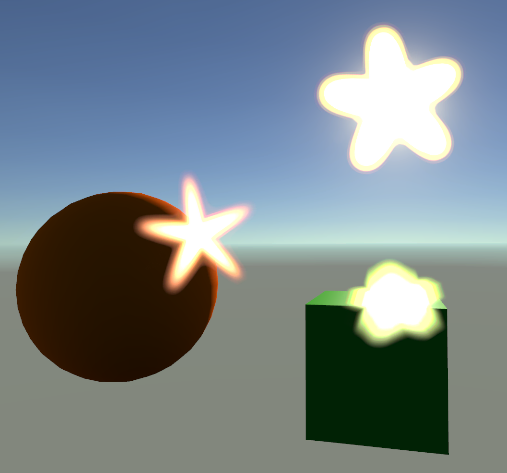 Rendering of a 3D scene with a cube and sphere lit by a visible sun. The sun and the brightest areas on the objects exhibit very bright star shaped lens flares.