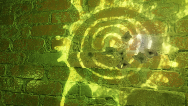 A screenshot from the game Half-Life: Alyx, showing a brick wall with glowing green paint. Several bullet holes are also visible in the bricks.