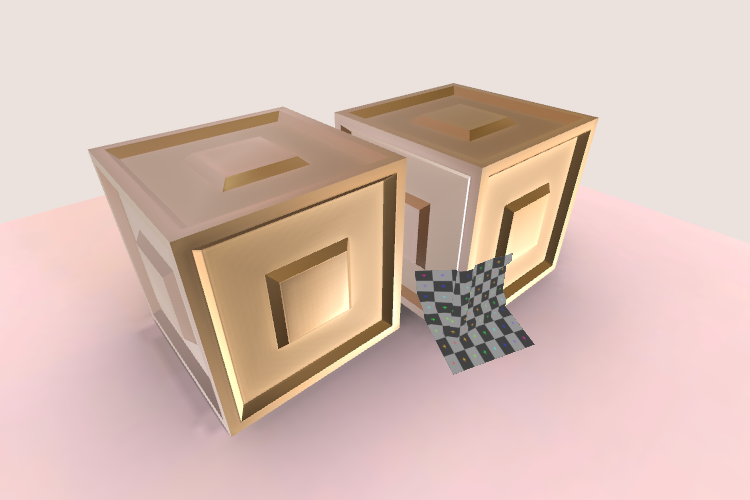 Rendering of a 3D scene with two cubes. A grey grid decal appears projected against the cubes.