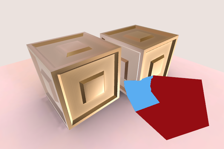 Rendering of a 3D scene with two cubes. The projected decal is replaced by an area of blue where the decal was visible and a larger area of red extending out in a cuboid shape.