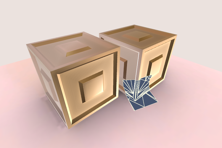 Rendering of a 3D scene with two cubes. The projected decal is replaced by a wireframe display of the triangles used to make up the surfaces on which the decal is projected.