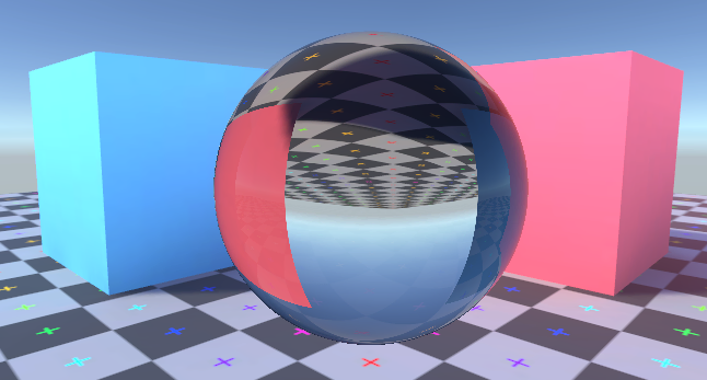 A glass sphere sits on a gridded plane near a red and a blue cube. The plane and cubes can be seen through the glass sphere, flipped and distorted. Towards the edges of the sphere there's a faint reflection of the surrounding scene.