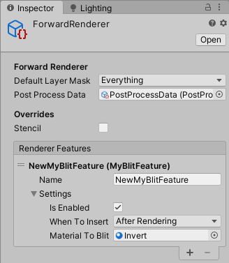 screenshot of ForwardRenderer's properties in Unity, now showing the added 'My Blit Feature'