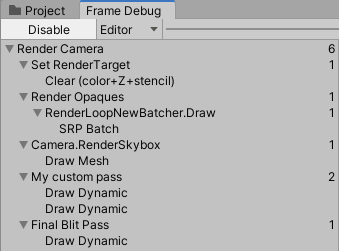 screenshot of the Frame Debug in Unity, showing the steps taken to render a frame including the customer pass