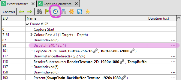 Screenshot of RenderDoc's Event Browser interface. The clock icon is highlighted