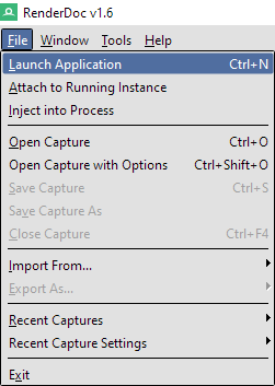 Screenshot of selecting the Launch Application option from RenderDoc's File menu.