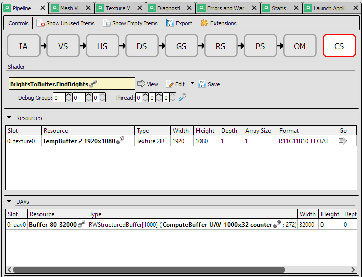 Screenshot of RenderDoc's Pipeline State interface while our compute shader's dispatch event is selected