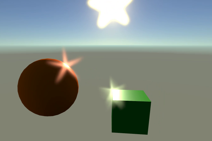 Rendering of a 3D scene with a cube and sphere lit by a visible sun. The sun and the brightest areas on the objects exhibit star shaped lens flares.