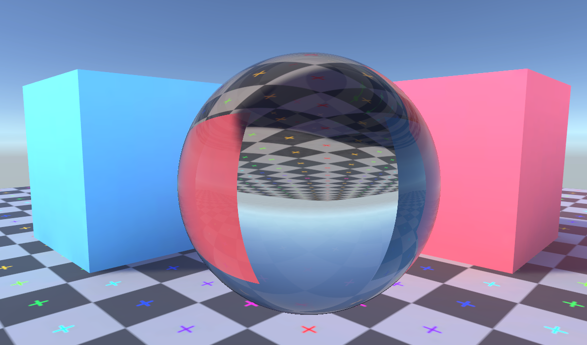 Computer generated image of a glass sphere in a simple scene. The surrounding scene can be seen in the sphere through a combination of reflection and refraction.