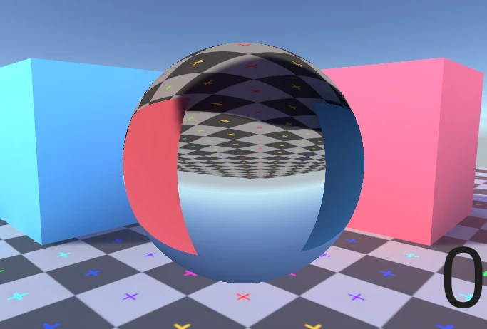 An animated set of images comparing rendering the sphere with 0, 1, 2, or 3 sets of reflections. The visible difference between 2 and 3 is minimal.