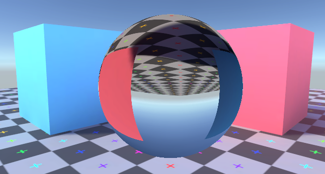 A glass sphere sits on a gridded plane near a red and a blue cube. The plane and cubes can be seen through the glass sphere, flipped and distorted.