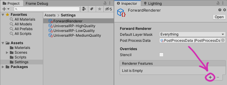 screenshot within Unity, indicating the plus button on ForwardRenderer's Renderer Features