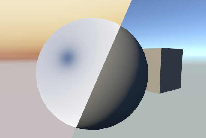3D scene with a visible split down the middle, the left side is rendered in inverted colours